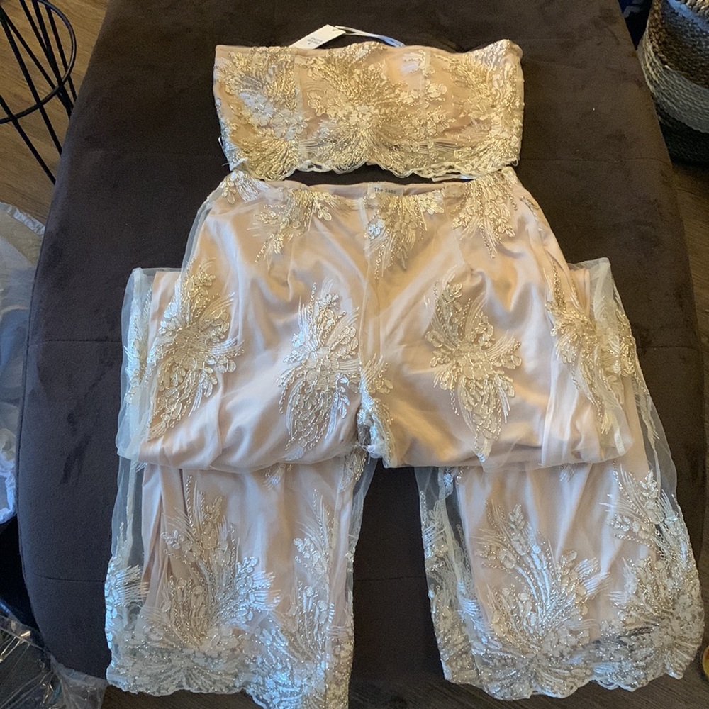 Gold high waist pant and crop gold/beige set with jewel design